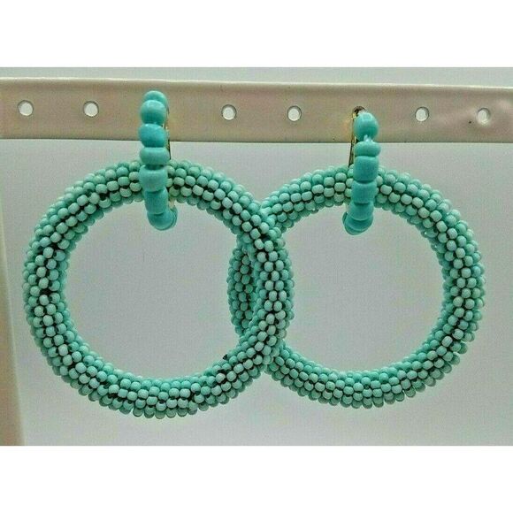 Aqua Blue Beaded Earrings Hoop Pierced Gold Tone - Picture 3 of 3